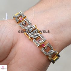 Multi-Gemstone Bracelet, Pave Diamond Bracelet, 925 Silver Jewelry, Gold Filled Bracelet, Gemstone Silver Bracelet, Diamond Silver Jewelry Gross Weight: 18.57 gram Gemstone Weight: 1.92 cts Diamond Weight: 3.38 cts Bracelet Size: 6.5 inch Bracelet Width: 10 MM NOTE:- All The Products Are Designed And Manufactured In My Workshop By Me & My Team. Shown Products Are Purely Handmade. Custom Orders Are Open Handly Accepted. We Are Perfect Choice For Any Custom Jewelry Manufacturing. For Bulk Orde Jewelry Manufacturing, Schmuck Gold, Multi Gemstone Bracelet, Bracelet Diamond, Bracelet Gemstone, 925 Silver Jewelry, Jewelry Gold, Pricing Jewelry, Gemstone Bracelet