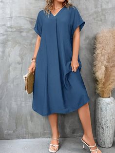 Plus Solid Batwing Sleeve Tunic Dress Navy Blue Casual  Short Sleeve Woven Fabric Plain Tunic Non-Stretch  Women Plus Clothing, size features are:Bust: ,Length: ,Sleeve Length: Plain Tunic, Sukienki Plus Size, Simple Frocks, Long Frocks, Lace Overlay Dress, Puffed Sleeves Dress, Dresses Kids Girl, Batwing Sleeve