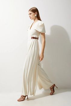 Petite Soft Tailored Crepe Tab Detail Pleated Jumpsuit | Karen Millen Bride Jumpsuit, Petite Wedding Guest Dresses, Pleated Jumpsuit, Petite Business Casual, Eid Outfits, Soft Tailoring, Tall Dresses, Summer Wedding Dress, Plus Size Wedding