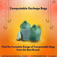 two garbage bags sitting next to each other with the words, find the complete range of compostable bags from the best brand