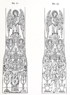 two drawings of angels on the side of a tall tower with people standing in it