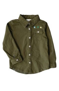 Adventure and style await your kiddo in this cotton-twill shirt-jacket featuring a fun safari scene on the back and bright stars throughout. Front button closure Chest button-flap patch pocket 100% cotton Machine wash, tumble dry Imported Cotton Tops With Pockets For Playtime, Green Long Sleeve Tops With Flap Pockets, Cotton Outerwear With Pockets For Playtime, Casual Tops With Pockets For Playtime, Spring Cotton Tops With Star Patch, School Tops With Pockets For Spring, Spring School Tops With Pockets, Cotton Tops With Star Patch For Spring, Tops With Pockets For School In Spring