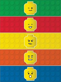 four legos with different faces on each one, and the other three are yellow