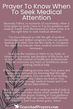 a prayer card with the words prayer to know when to seek medical attention