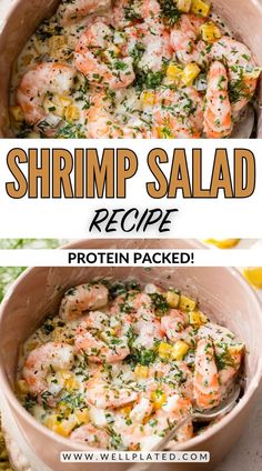 shrimp salad recipe in a pink bowl with text overlay