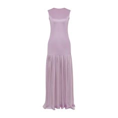 Celebrate Femininity with our Lylia Pleated Silk Dress, embracing your silhouette with exquisite finesse. Expertly crafted from lavender double silk satin, it features a fitted long bodice, gracefully tracing the curves of the body.  As the eye travels downward, it finishes into a semi-sheer silk charmeuse pleated skirt, adding to the feminine charm of this long dress. Features concealed zipper back fastening, ensuring a seamless finish.  Complete the sophisticated ensemble with a pair of high-heeled sandals. Each Il Volo item is handmade by skilful artisans in our Buchareast atelier and it is created in limited series. 100% Italian Silk.  Gentle dry clean. Do not wash. Do not use chlorine based bleach. Do not tumble dry. Cool iron, max 110 C.  Made in EU. Lavender Fitted Maxi Dress For Formal Occasions, Fitted Lavender Maxi Dress For Formal Occasions, Feminine Fitted Lavender Maxi Dress, Purple Silk Satin Evening Dress, Fitted Lavender Feminine Maxi Dress, Lavender Fitted Maxi Dress For Evening, Fitted Lavender Maxi Dress For Evening, Purple Sleeveless Silk Satin Dress, Feminine Fitted Silk Dress With Bias Cut