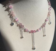 Perfect lil lovey pink necklace to add onto any outfit to complete the look! Pink Handmade Necklace, Diy Pink Necklace, Pink Necklaces, Pearl Diy, Diy Choker, Pink Chain, Pink Choker, Beaded Stuff, Cosplay Inspo