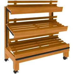 a wooden shelf with three shelves on wheels