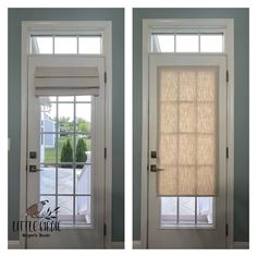 two windows with roman shades on them in front of a door and outside the window