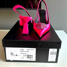 Brand New And Never Worn! Gorgeous Hot Pink Satin Versace Slingback With Jeweled Medusa Head On Toe. Size 7. Designer Evening Slingback Pumps With Heel Strap, Designer Slingback Pumps With Heel Strap For Evening, Party Slingback Pumps With Open Heel And Branded Insole, Luxury Pink Slingback Pumps With Open Heel, Luxury Pink Ankle Strap Slingback Pumps, Elegant Slingback Pumps For Party With Branded Insole, Elegant Party Slingback Pumps With Branded Insole, Luxury Pink Slingback Pumps With Heel Strap, Designer Pointed Toe Slingback Pumps For Party