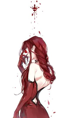 a woman with long red hair standing in front of blood splatters