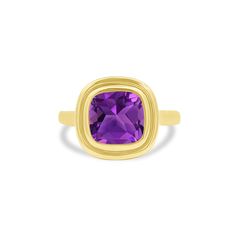 Cushion Gemstone Bezel Ring - Lindsey Leigh Jewelry Elegant Cushion Cut Yellow Gold Amethyst Ring, Luxury Amethyst Cushion Cut Ring For Formal Occasions, Luxury Amethyst Cushion Cut Ring For Formal Events, Luxury Cushion Cut Amethyst Ring For Anniversary, Luxury Cushion Cut Amethyst Ring For Formal Occasions, Elegant Amethyst Birthstone Ring With Bezel Setting, Elegant Yellow Gold Amethyst Ring With Bezel Setting, Luxury Purple Cushion Cut Jewelry, Cushion Cut Amethyst Ring For Formal Occasions