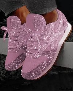 Color: pink, Size: US8.5 Spring Glitter Lace-up Sneakers, Low-top Party Sneakers With Laces, Casual Glitter Sneakers For Summer, Trendy Party Sneakers With Laces, Spring Party Slip-on Sneakers, Party Sneakers With Round Toe And Laces, Party Sneakers Lace-up Synthetic, Casual Party Sneakers With Round Toe, Trendy Flat Sneakers For Party