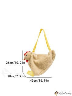 a stuffed animal purse with measurements for it's size and shape, sitting on top of a white background