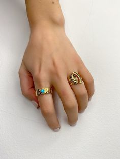 Two different handmade rings with base in gold color. Both of them have unique shape and different designs. The first one is a gold signet ring with a turquoise enamel stone, and the second one is a gold evil eye ring. Both of them are slightly adjustable. In Christina Christi Jewels store you can see a lot of designs in Women's Rings. You can have them in 2-4 Days with DHL EXPRESS SHIPPING MATERIALS - Gold Plated 24k Pewter. DIMENSIONS - Rings Diameter is 17mm (0.67'') - US 7 - Slightly Adjusta Evil Eye Ring Gold, Jewelry Evil Eye, Leather Gladiator Sandals, Women's Rings, Evil Eye Ring, Gold Signet Ring, Silver Chain Bracelet, Eye Ring, Handmade Rings