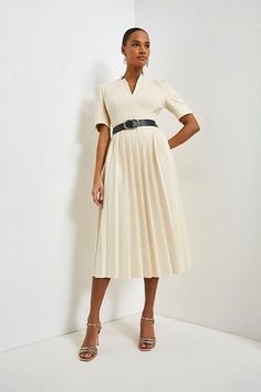 Tall Structured Crepe Forever Pleat Belted Midi Dress | Karen Millen Neutral Outfits, Notched Neckline, Sequin Dresses, Spring Weddings, Luxury Dresses, Belted Midi Dress, Tailored Dress, Fit Ideas, Work Wear Women