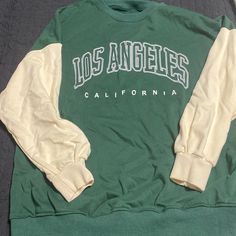 Never Worn Los Angeles Sweatshirt, Size L Green Long Sleeve Top With Letter Print, Green Letter Print Top For College, Green Long Sleeve T-shirt With Letter Print, Oversized Green Tops For College, Trendy Green Top For College, Trendy Green Tops For College, Green Crew Neck Top For College, Los Angeles Sweatshirt, Source Unknown