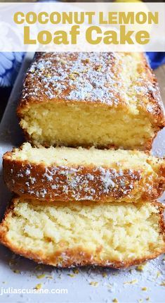 three slices of coconut lemon loaf cake on a cutting board with the title above it