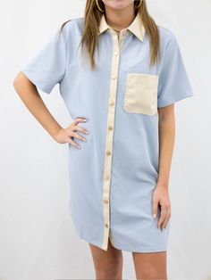 Light Blue and Cream Leather Detail Button Up Dress Dress With Booties, Light Blue Dresses, Leather Pocket, Leather Detail, Button Up Dress, Trim Detail, Small Bust, Blue Dress, T Shirt Dress