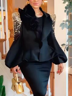 Stylewe offers stylish and concessional Jackets.. SPU: 11DJA7P9DE0, Color: Black, Material:Polyester, Sleeve Type:Balloon Sleeve. Semi Formal Outfits For Black Women, Plain Kimono, Semi Formal Outfits, Church Attire, Fashion Future, Curvy Fashionista, Womens Dress Suits, Pattern Sewing, Game Dresses