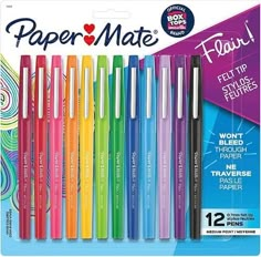 paper mate pens are lined up in a pack with different colors and designs on them