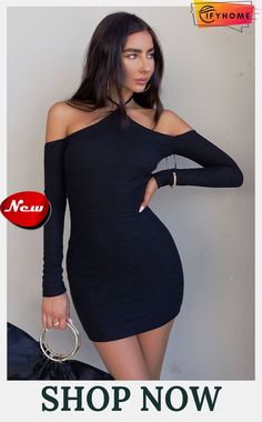 Black Halter Neck Off Shoulder Bodycon Mini Dress One Shoulder Bodycon Dress For Winter, One-shoulder Fitted Bodycon Dress For Winter, One Shoulder Fitted Bodycon Dress For Fall, Trendy Black One-shoulder Mini Dress, Fall One-shoulder Fitted Bodycon Dress, Casual Black Off-shoulder Bodycon Dress, Black Slim Fit Bodycon Dress For Date Night, Black Slim Fit Bodycon Dress For Winter, Black Sheath Bodycon Dress For Winter