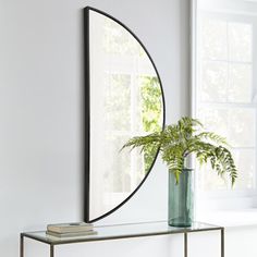 a mirror on the wall above a table with a potted plant in front of it