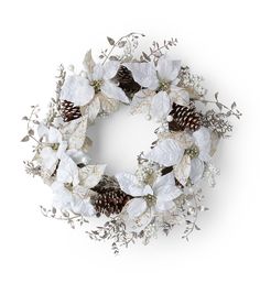 a wreath with white flowers, pine cones and silver leaves is shown on a white background