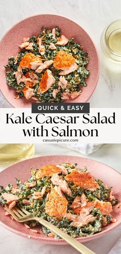 kale caesar salad with salmon on a pink plate