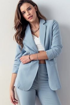 Women's Light Blue Blazer Product Description: Lets take things up a notch with the Bella Chic Fashion Women's Light Blue Blazer! This blazer will quickly become an essential piece to add to your wardrobe. This light blue blazer has a collared neckline, notched lapels, and long sleeves. Lined. 100% Polyester. Hand Wash Cold. Do Not Bleach. Line Dry Nurturer Archetype, Women Trousers Design, Light Blue Blazer, Secretary Outfits, Female Posing, Old Money Fashion, Spring Business Casual, Female Office, Summer Palette