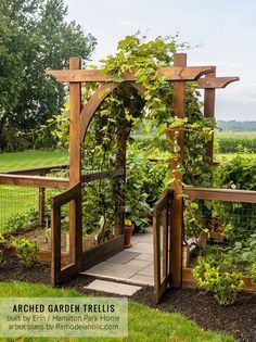 a wooden arbor with plants growing over it