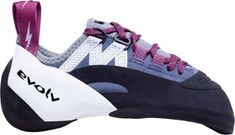 a pair of climbing shoes with purple and white laces on the top, in front of a white background