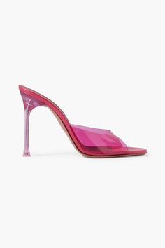 Find AMINA MUADDI Alexa Pvc Mules on Editorialist. Mules pvc open square toe slip on lined in leather leather/rubber sole made in italy Amina Muaddi's 'Alexa' mules are made from hot pink PVC that matches the transparent heels, they're purposely shaped to resemble the stem of a martini glass. They have comfortable leather soles and angular toes. Pink Party Heels With Translucent Outsole, Pink Slip-on Sandals For Evening, Pink Slip-on Heels With Sculpted Heel, Modern Pink Heels With Contrasting Heel Counter, Modern Pink Pointed Toe Sandals, Designer Pink Square Toe Heels, Designer Pink Heels With Square Toe, Modern Pink Heels For Evening, Pink Slip-on Sandals For Formal Occasions