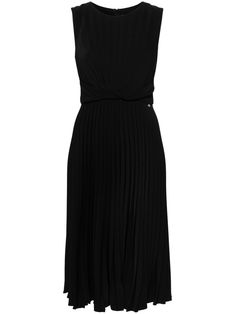 black satin finish fully pleated round neck rear zip fastening sleeveless belted waist slight flare straight hem mid-length Elegant Belted Pleated Dress For Formal Occasions, Elegant Fitted Belted Pleated Dress, Viscose Midi Dress With Pleated Waist For Work, Elegant Knee-length Belted Pleated Dress, Knee-length Midi Dress With Folds For Work, Elegant Belted Pleated Dress For Work, Chic Midi Dress With Folds For Work, Workwear Midi Dress With Folds, Elegant Black Midi Dress With Pleated Waist