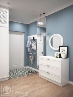 a blue and white bathroom with an open closet on one side, mirror on the other