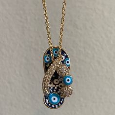 Brand New Gold Tone Blue And White Evil Eye Sandal Necklace Charm. Super Cute And Fresh For Sumer. Brand New Never Worn. Blue Necklace For Summer Parties, Blue Evil Eye Necklace For The Beach, Blue Beach Jewelry With Adjustable Chain, Blue Necklaces For Summer Beach, Blue Jewelry With Adjustable Chain For Beach, Blue Necklace For Summer Vacation, Blue Jewelry For Summer Vacation, Summer Vacation Blue Jewelry, Blue Necklace With Adjustable Chain For Beach