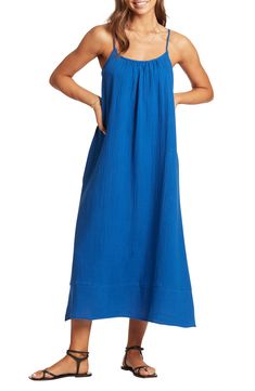 Keep it breezy by the water in this gauzy boho cover-up dress featuring a gathered neckline for superior drape and a strappy detail in the back. Scoop neck 100% cotton Hand wash, dry flat Imported Gathered Neckline, Sea Level, Cover Up Dress, Cobalt, Sundress, Scoop Neck, Cover Up, Hand Wash, Nordstrom