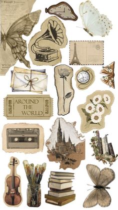 an assortment of old fashioned items are arranged in the shape of a collage with words and pictures