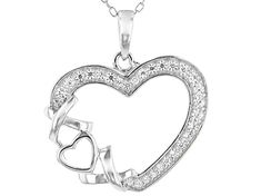 Bella Luce ® white diamond simulant 0.46ctw round, rhodium over sterling silver heart pendant with chain. Pendant measures approximately 0.94"L x 0.81"W and has a 2mm bail. Includes an 18" cable chain with a spring ring closure. The diamond equivalent weight is 0.28ctw. Sterling Silver Heart Necklace For Valentine's Day, Silver Sterling Heart Necklace With Round Cut, Silver Heart Necklace In Sterling Silver, Round Cut, Silver Sterling Silver Round Cut Heart Necklace, Silver Diamond Necklace With Accents For Valentine's Day, Valentine's Day Sterling Silver Diamond White Necklace, Valentine's Day Diamond White Sterling Silver Necklace, Silver Diamond Necklace With Diamond Accents For Mother's Day, Sterling Silver Heart Pendant