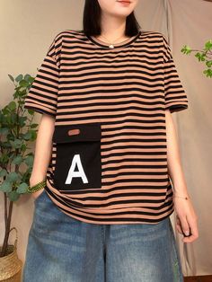 Women Casual Summer Stripe Patch Pocket Shirt Casual Brown Shirt With Letter Print, Trendy Striped Tops With Pockets, Casual Striped Tops With Pockets, Black T-shirt With Pockets For Spring, Striped Short Sleeve Fall T-shirt, Striped Short Sleeve T-shirt For Fall, Fall Striped Short Sleeve T-shirt, Striped Short Sleeve Tops With Letter Print, Casual Striped Tops With Letter Print