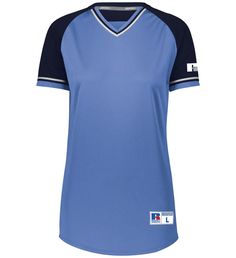 a women's blue and black soccer jersey