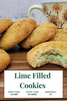 lime cookies on a board with one cookie showing the key lime filling inside Key Lime Pie Cookies, Cookie Filling, Key Lime Cookies, Lime Cookies, Pie Cookies, Healthy Low Calorie Meals, Healthy Recipes On A Budget, Filled Cookies, Delicious Cookie Recipes