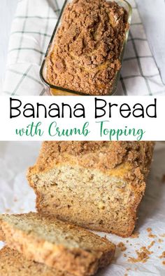 banana bread with crumb topping in a glass loaf