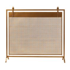 a gold metal screen with two hooks on each side and a grid design in the middle