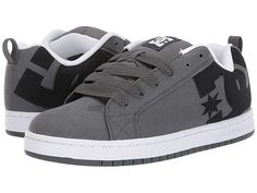 DC Court Graffik TX - Men's Shoes : Grey/Black : Keep your style on point with the classic DC Court Graffik TX shoes! Low-top sneakers in a cushioned silhouette. Uppers of heavy-duty canvas with embroidered DC logo. Foam-padded tongue and collar for added comfort and support. Soft tricot lining for breathable wear. Perforations in upper breathability. Highly abrasion-resistant rubber cupsole offers long-lasting durability. Multi-tone bottom with DC's trademarked pill pattern offers grippy wear. Urban Gray Skate Shoes For Skateboarding, Gray Cushioned Skate Shoes, Gray Skate Shoes With Contrast Sole For Streetwear, Dc Court Graffik, Dc Shoes Women, Dc Logo, Bold Logo, Shoes Grey, Swag Shoes