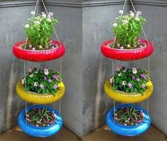 two pictures of the same planter with flowers in them and one is upside down