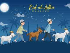 two men are walking with goats and sheep in the night, while another man is running behind them