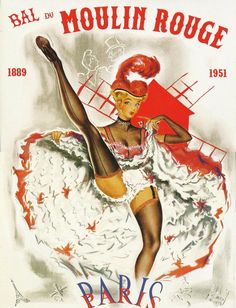 an advertisement for the mouilin roue in paris, with a woman dancing