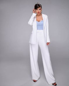 2-piece Womens Blazer Trouser Suit for office, business meetings, formal events and special occasions. Also perfectly combines with sneakers so after a long and tiring business day you can change you heels to sneakers and still look chic. DETAILS - wide leg pants - high rise - blazer is Buttoned and belted - lined - side pockets - relaxed fit - single breasted MATERIAL Premium quality suiting fabric, which consists of viscose mostly and a bit of polyester and elastane SIZES The models in photos Formal Pantsuit, Pantsuit For Women, Wide Leg Pants Suit, White Pantsuit, Bridal Suit, White Wide Leg Pants, Wide Leg Pant Suit, Suiting Fabric, Leather Pants Women