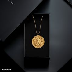 PENDANT INFORMATIONThis pendant is made of real, solid gold.• Made in USA• Material: 14k or 18k solid gold• Finish: polished• Height: 1.13" (29 mm) | *includes the small circle, bail dimensions not included• Width: 1" (26 mm)• Pendant weight: approx. 8 grams (14k)• Bail: fits up to 4 mm chains• Solid back, not hollow• A certificate of authenticity is included• Delivered in our elegant jewelry box, making it the perfect gift Shipping: All of our orders are custom-made. Please allow approximately Luxury 14k Gold Jewelry With Large Pendant, Luxury 14k Gold Large Pendant Jewelry, Luxury Gold Plated Large Pendant Jewelry, Luxury Gold Jewelry With Large Pendant, Luxury Tarnish Resistant Coin Jewelry, Luxury Coin Pendant Jewelry As Gift, Luxury Coin Pendant Jewelry For Gift, Luxury Coin Pendant Jewelry Gift, Luxury Yellow Gold Coin Pendant Jewelry